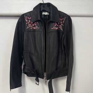 Rebecca Minkoff Black Leather Jacket with Floral Embroidery